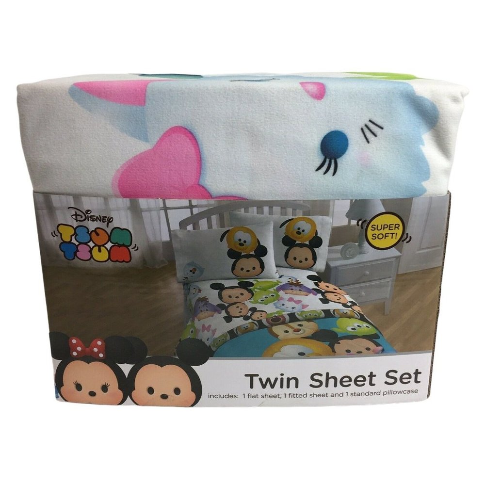 Disney Tsum Tsum Twin Sheet Set Fitted Flat Sheets Pillow Case Minnie Mickey New - Picture 1 of 12